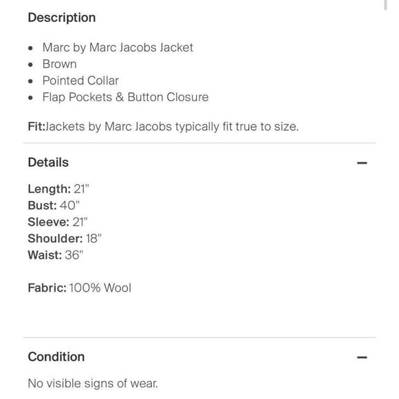 Marc Jacobs Authentic Solid Chocolate Brown Long Sleeve 100% Wool Jacket Small - Picture 6 of 6